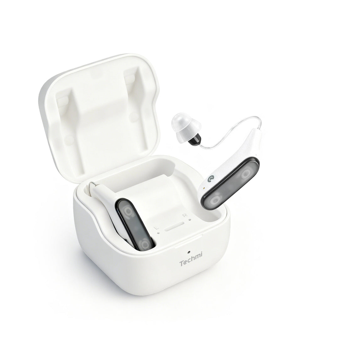Techmi FacePro RIC hearing aid styled like Bluetooth earbud with app control